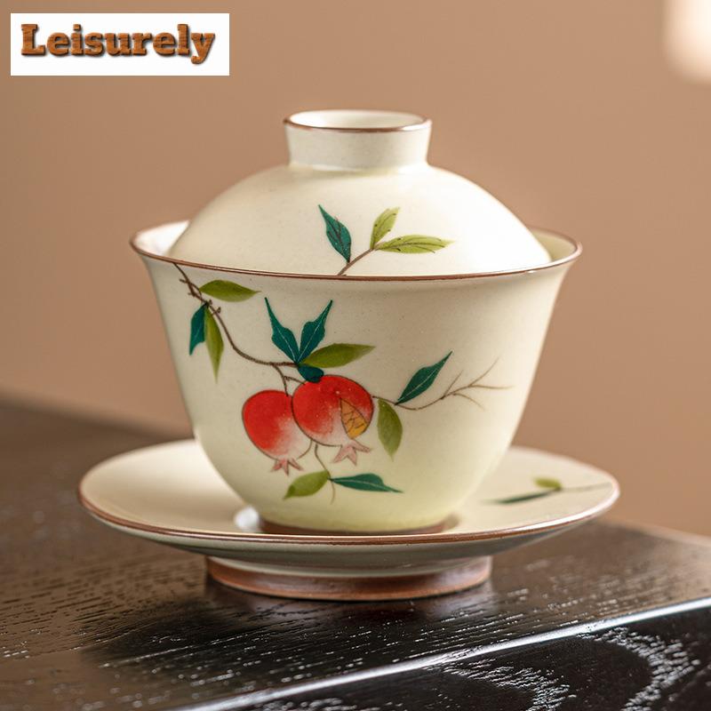 120ml krém Ru Kiln respektní Gaiwan vintage ručně malovaná granátová čajová mísa na čaj, víko na čaj, miska na čajový obřad, kolekce