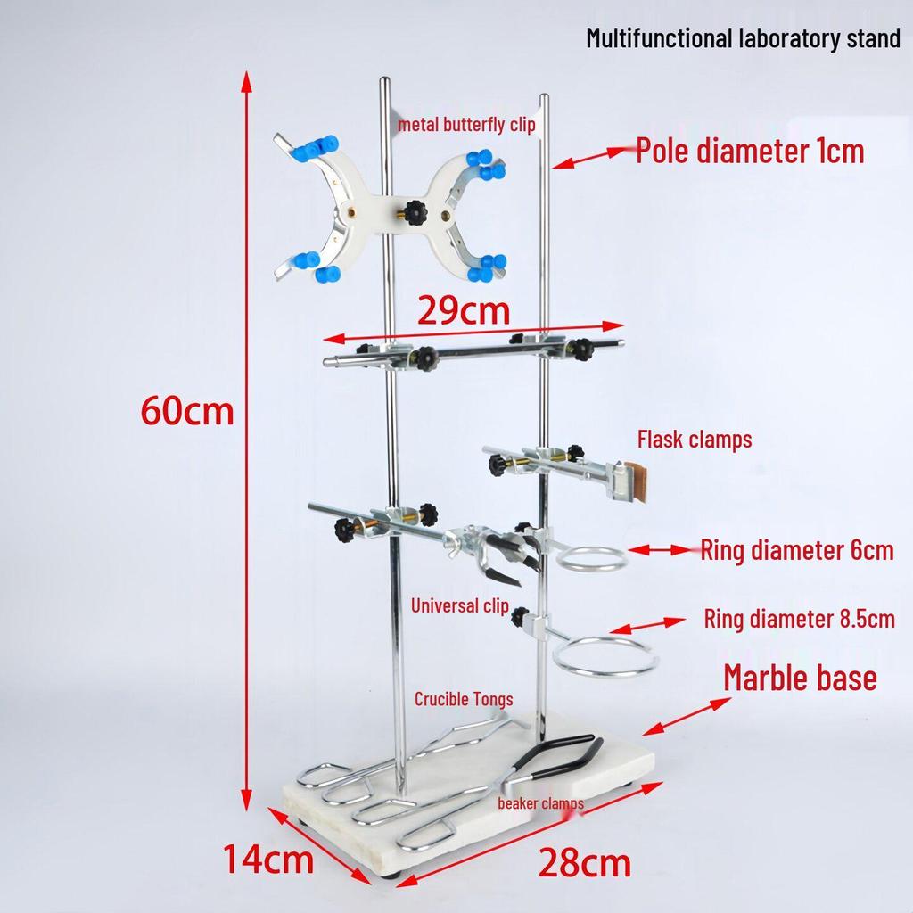 Iron Stand with Square Base for Laboratory Experiments - Complete Set with Flask Clamp & Burette Holder