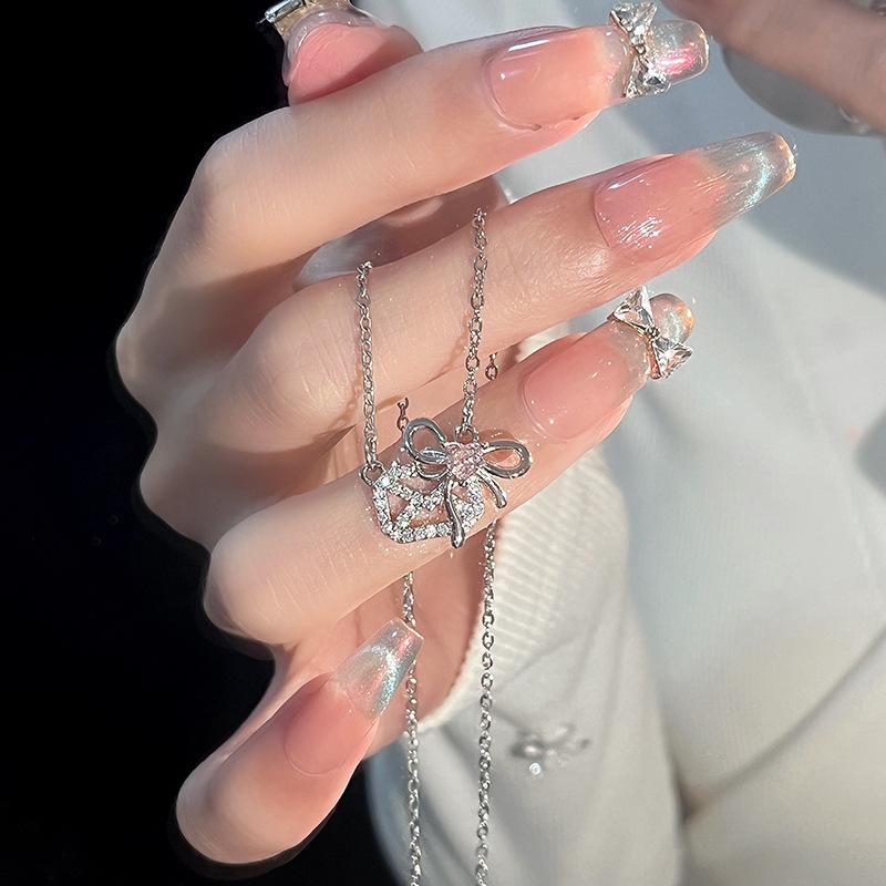 Original Bow, Bag, Necklace, Temperament, Pink Zirconium Love, Female Niche Design, Heart-shaped Stainless Steel Collarbone Chain