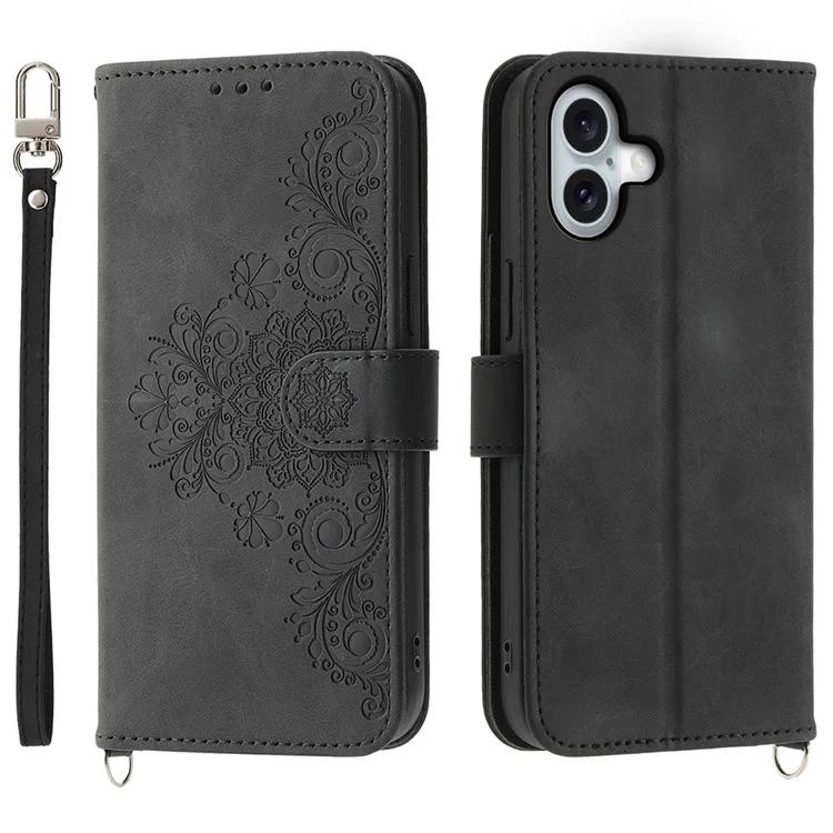 

For iPhone 16 Plus Leather Case Multiple Card Slots Phone Cover with 2 Straps - Black