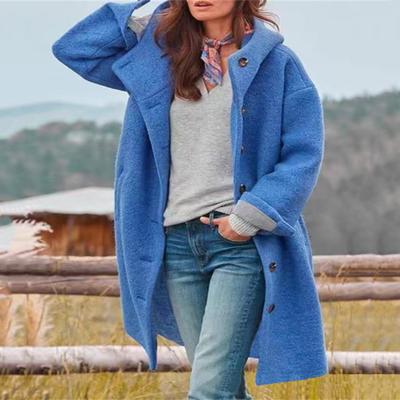 Fall Winter Women Overcoat Hooded Single-breasted Pockets Long Sleeves Windbreaker Mid Length Thick Warm Windproof Solid Color Loose Daily Wear Coat