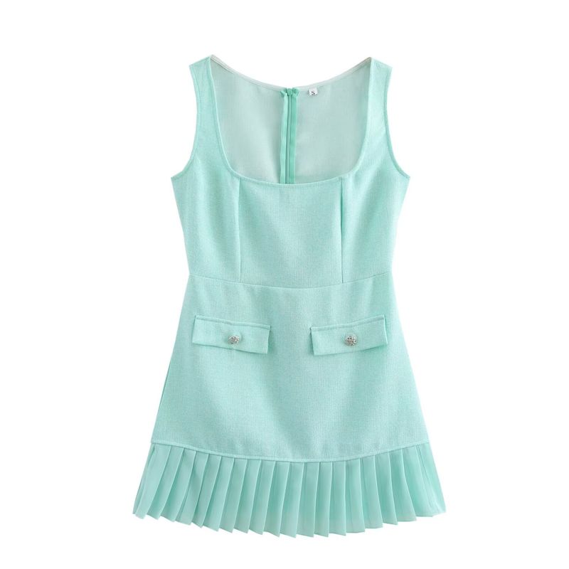 Kaslead New Arrival Women's Clothing Fashion Style Fashion Slim Fit Square Collar Sleeveless Pleated Dress