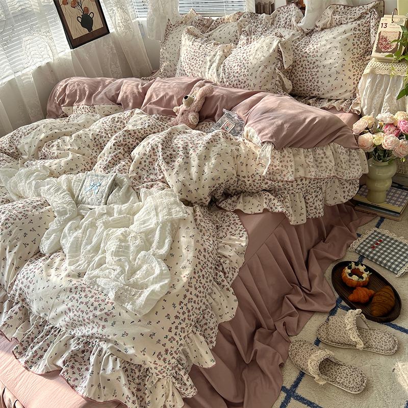 3/4Pcs Korean Princess Style Floral Ruffles Bedding Set Skin-friendly Soft Duvet Cover Set Bed Sheet Or Bed Skirt Pillowcases