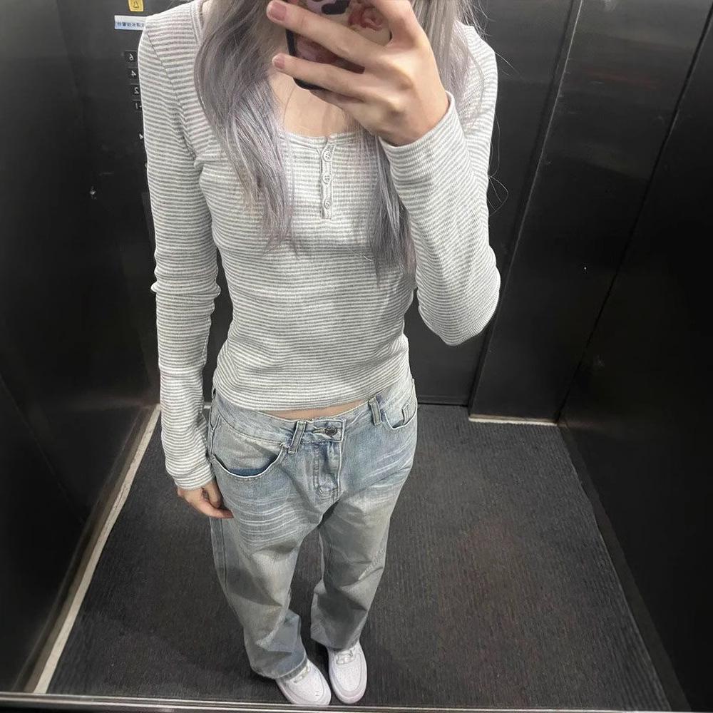 

Women s Early Spring Retro Gray Striped Button U-Neck Long Sleeve Slimming Top Medium
