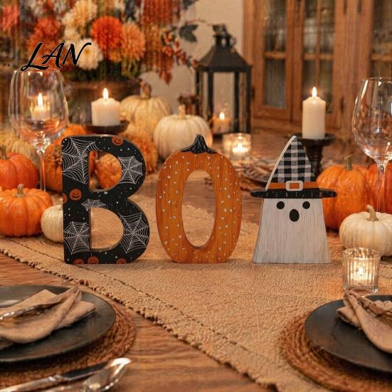 Playful Halloween Desktop Decorations Wooden BOO Ornaments, Lettering Decorations, Rustic Bat Pumpkin Ghost Themed Wood Crafts Table Signs for