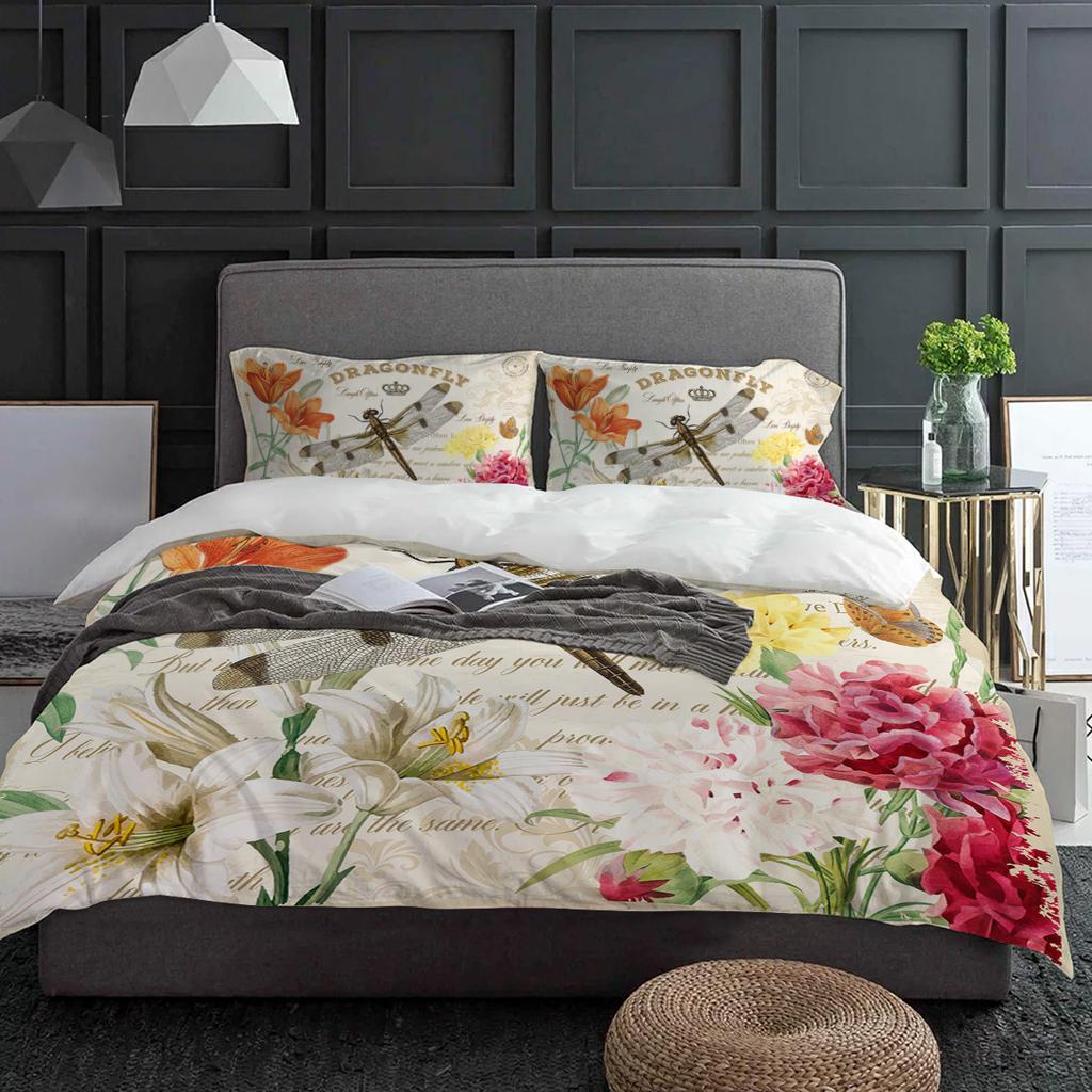 Kwiat Ważka Korona Vintage Litery Poszwa na Kołdrę z Poszewką na Poduszkę Niestandardowy 3-częściowy Zestaw Pościeli Pokrowiec na Kołdrę Podwójne Łóżko Tekstylia Domowe