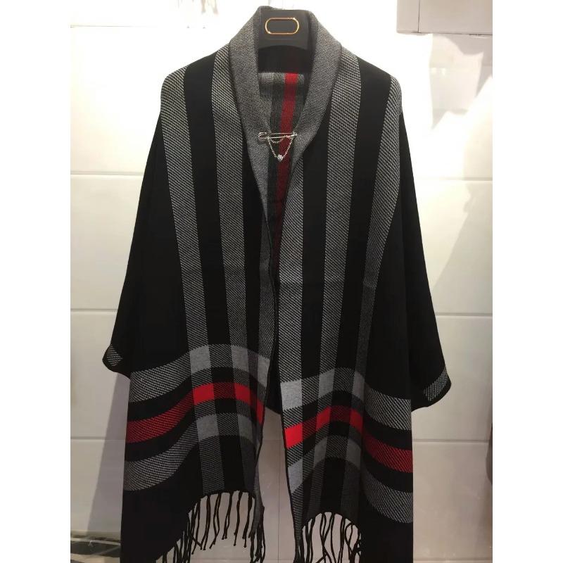 Женская осенняя накидка с длинными рукавами «летучая мышь», большая накидка-маятник, уличная одежда, зимнее вязаное полосатое пончо, винтажное пальто с шалью и кисточками ONE SIZE чёрный