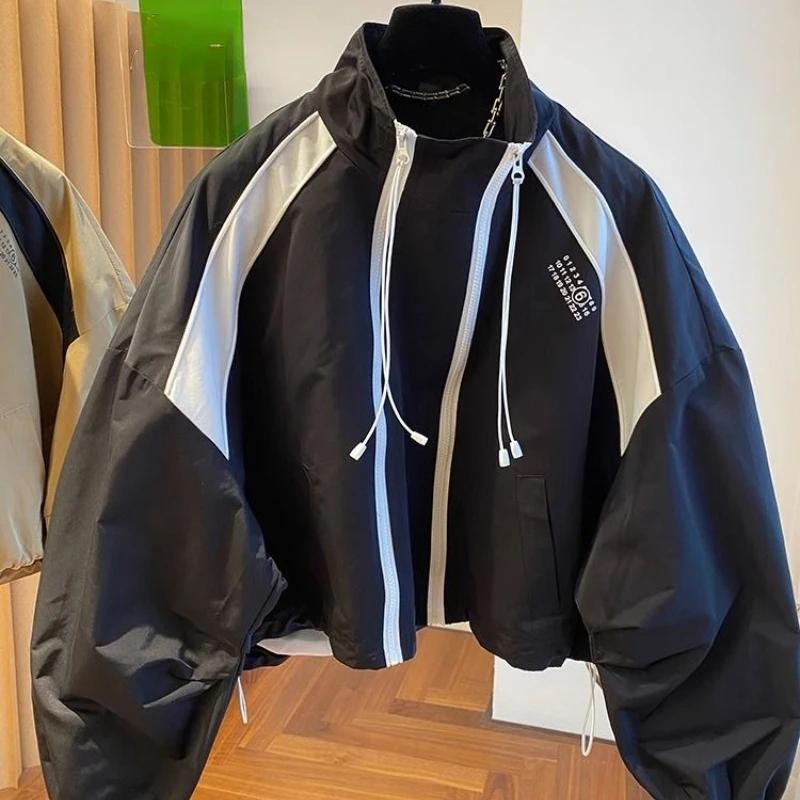 

Корейские уличные куртки на двойной молнии для женщин, осенние пальто со стойкой, Y2k, с длинным рукавом, свободные топы Mujer S чёрный