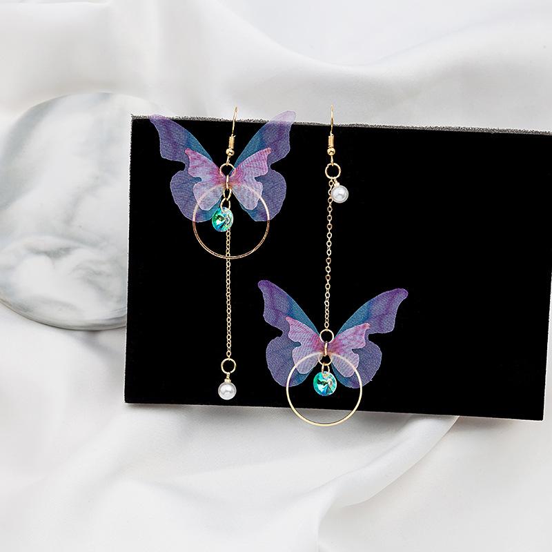 Super Fairy Asymmetrical Butterfly Earrings Long Circle Fringed Pearl Zircon Pendant Earrings