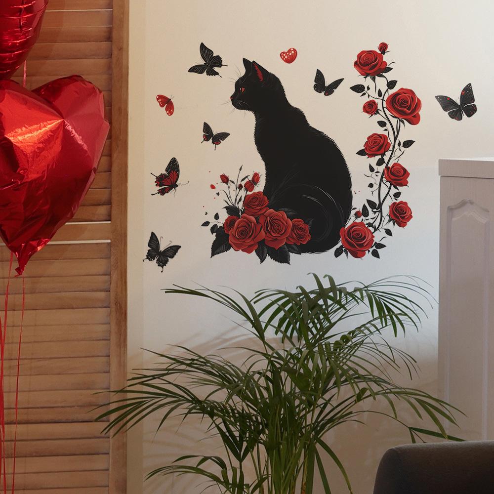 Red Rose Black Cat Butterfly Lettering Wall Sticker Self-Adhesive Removable Living Room Bedroom Hallway Home Decor Art