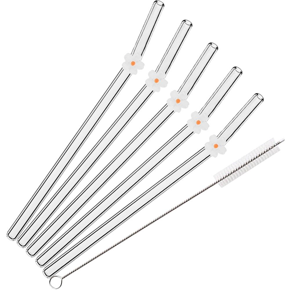 6Pcs Flower Drinking Straw Set High Borosilicate Glass Bent Straws Set with Brush Milk Shake Coffee Cocktail Straw Bar Drinkware