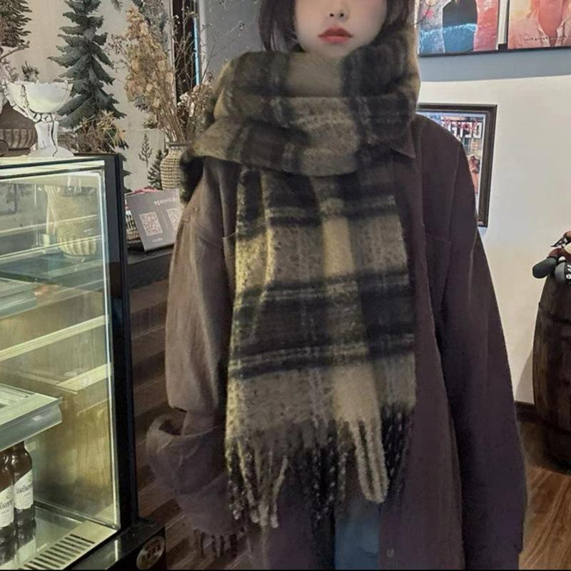 Зимний Теплый Кашемировый Длинный Шарф Винтажный Коричневый Мягкий Длинный Шарф с Кисточками Клетчатый Утолщенный Утолщенный Теплый Шаль Накидка Женский Девичий
