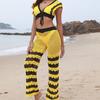 Women's Beach Patchwork Sexy Deep V Lace Up Top Micro Flared Pants Two Piece Set