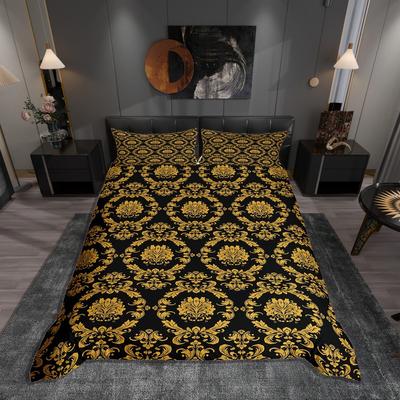 Homewish Black Gold Damask Duvet Cover Set for Female,Mystic Western Tribal Bedding Set,Vintage Bohemian Floral Bed Set