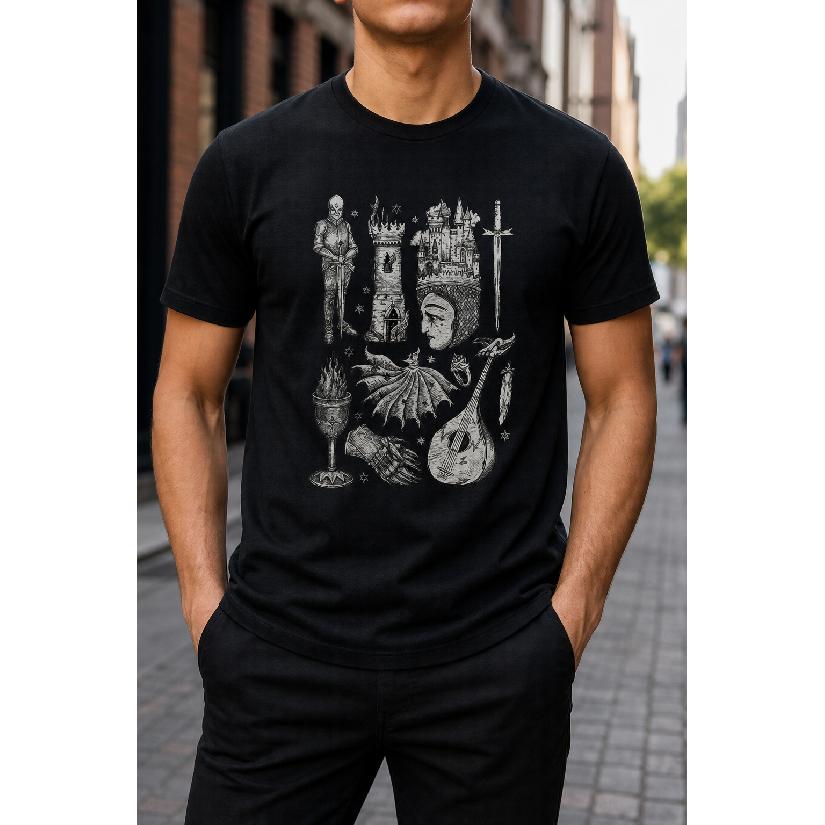 Plus Size - Men's T-Shirt S-5XL Featuring a Medieval Fantasy Graphic Print With Knights, Castles, And Musical Instruments - A Casual Short-Sleeve