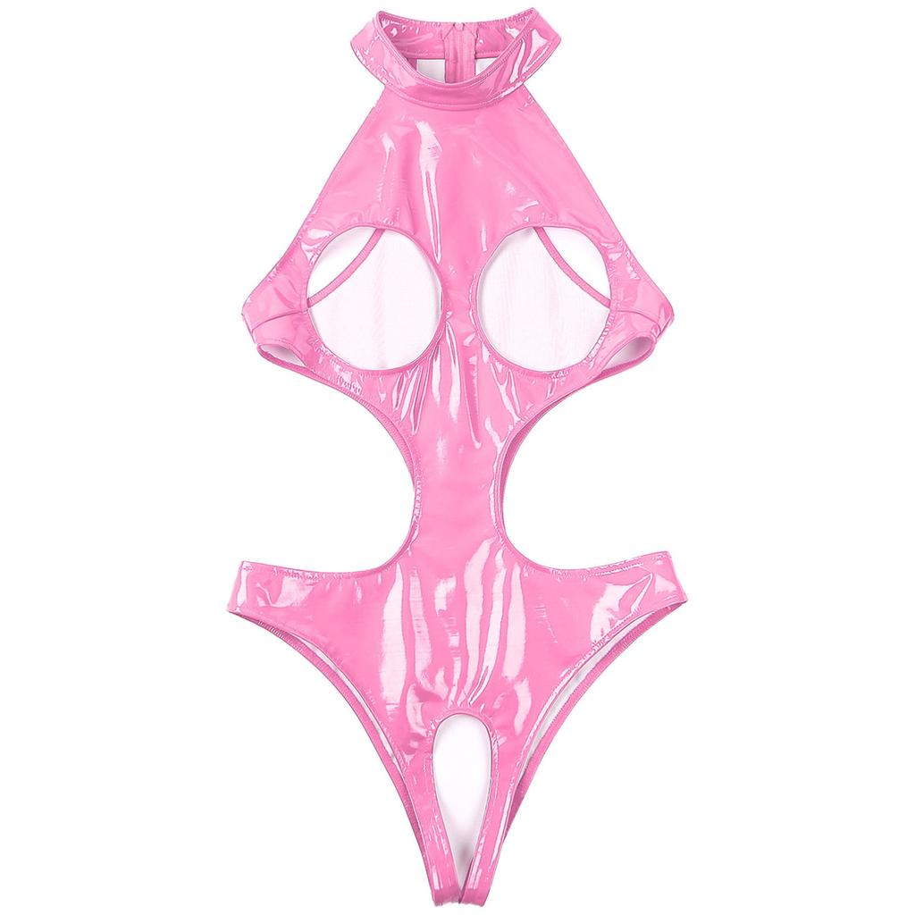 Womens Wet Look Patent Leather Bodysuit Mock Neck Sleeveless Tempting Catsuit Jumpsuit Nightwear