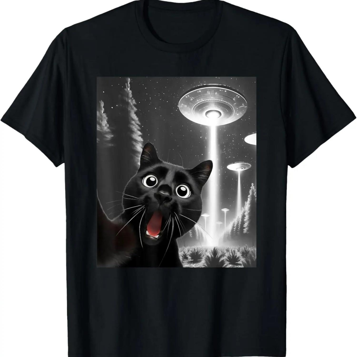 Funny Black Cat Alien UFO Taking a Selfie Cat Mom Dad T-Shirt S чёрный