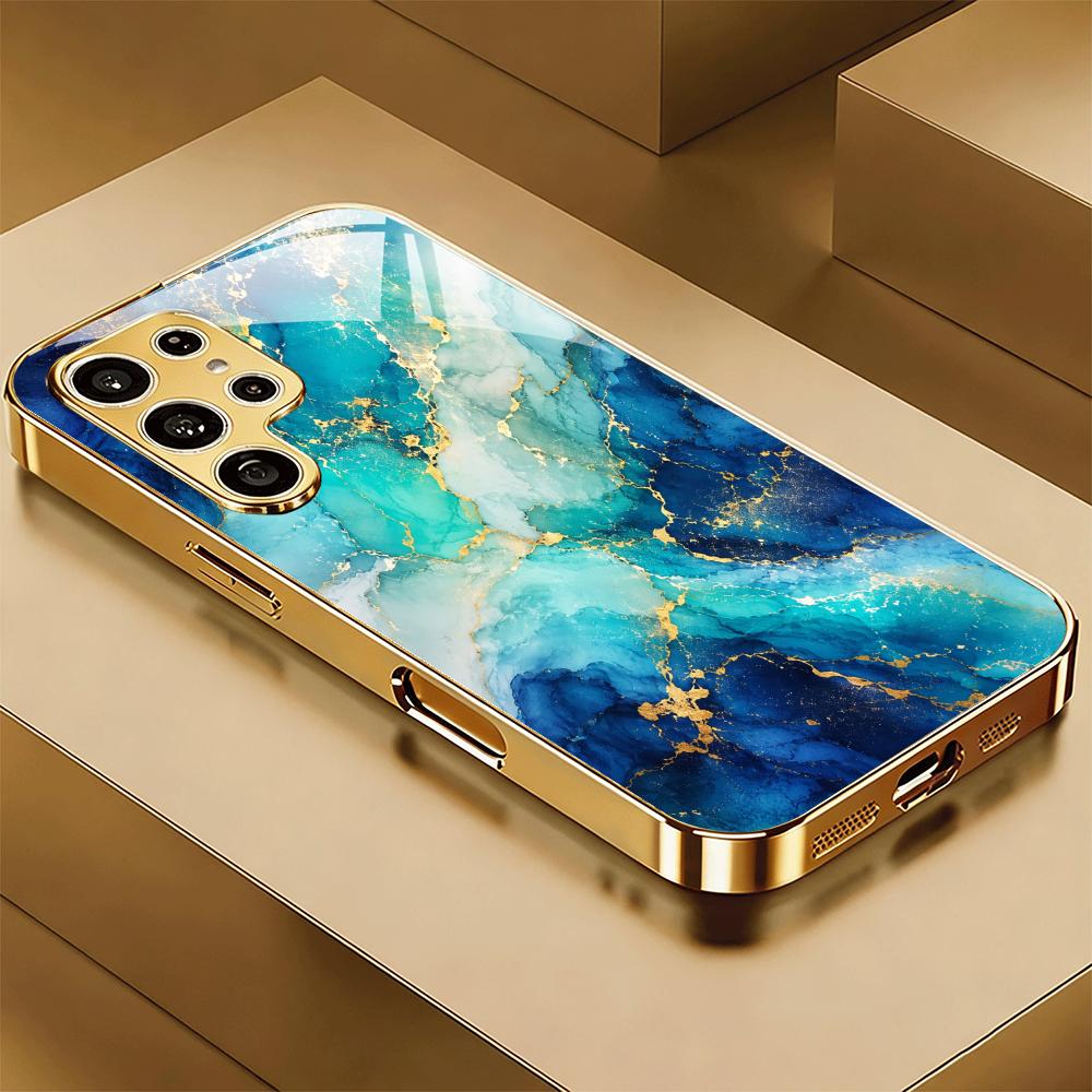 Marble Fluid Texture Tempered Glass Phone Case For Samsung Galaxy S26 S25 S24 S23 S22 Ultra Absorption Anti Drop Back Shell