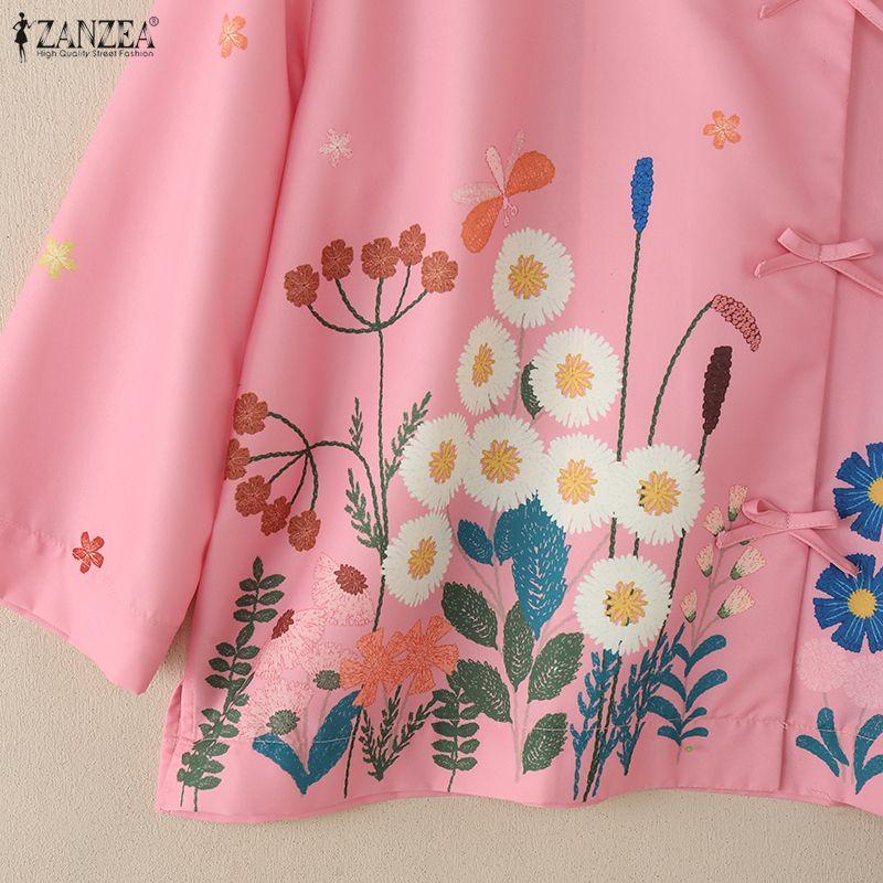 ZANZEA Women Summer Round Neck Long Sleeve Loose Floral Blouse