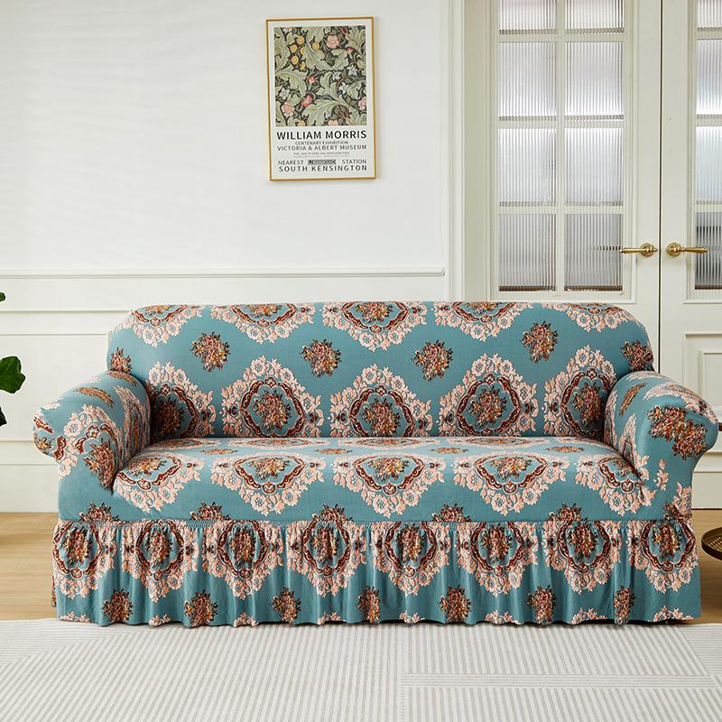 Floral Printed Elastic Sofa Cover With Skirt Hem Non-Slip Seat Cushion With Elastic Band All-Cover Couch Covers For All Seasons