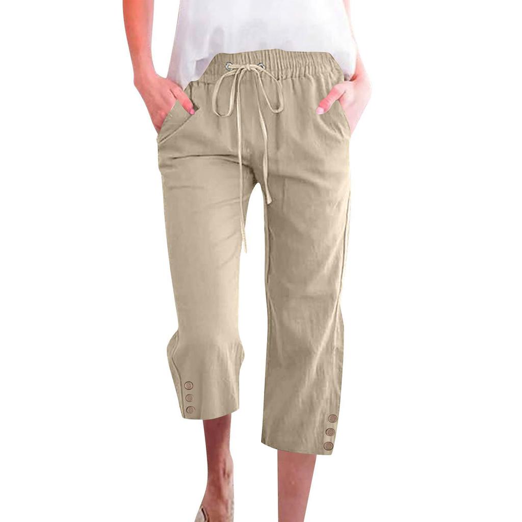 Spring Solid Color Cotton Linen Drawstring Cropped Pants