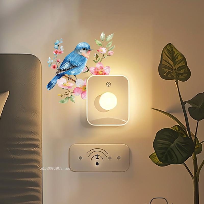 Cartoonvogel, der grüne Pflanzen und Blumen betrachtet, mit Aufklebern, 1 Stück dekorative Schalteraufkleber, Hintergrund zur Verschönerung des Zuhauses