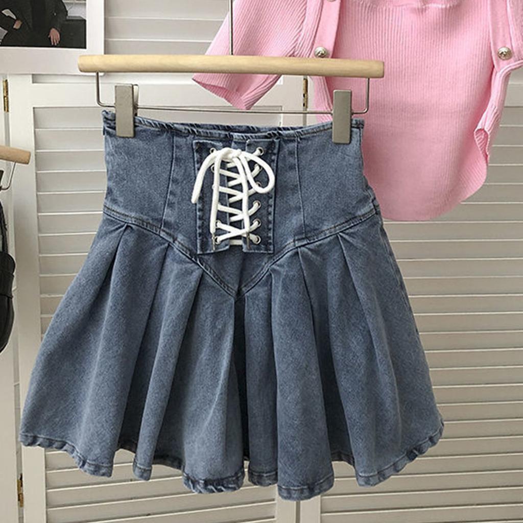 Women's Fashion Anti-Walking Denim Pleated Skirt Corseted Half-body Skirt With Lined Word Short Skirt