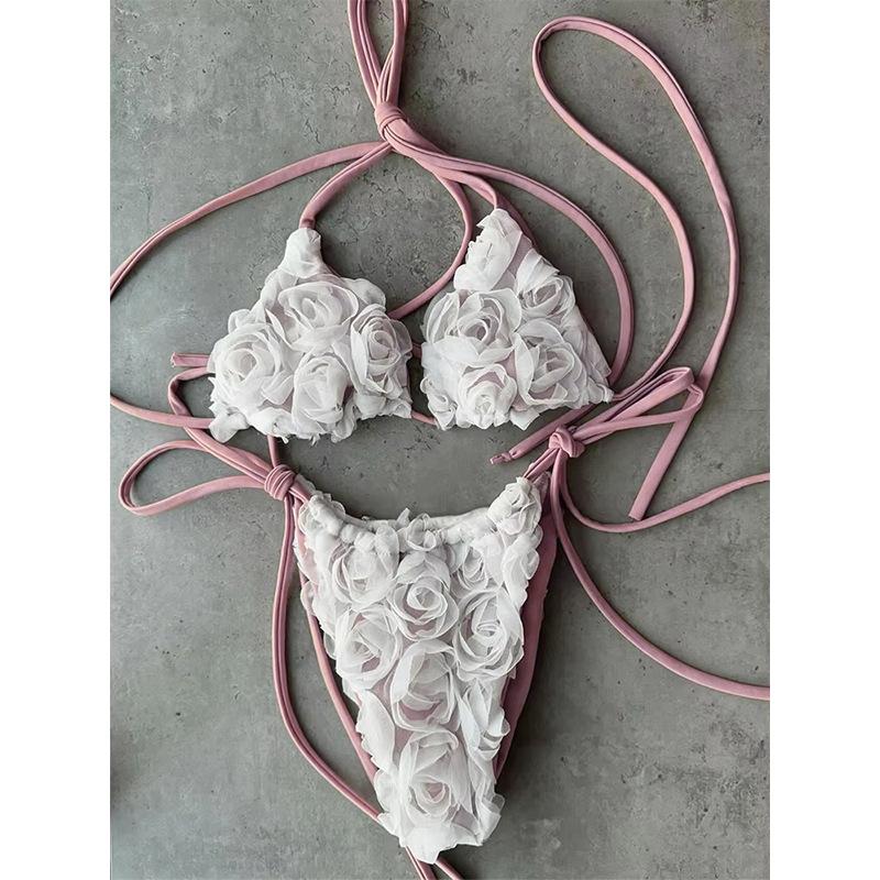 

Neck three-point bikini sexy solid color rose split women s swimsuit L