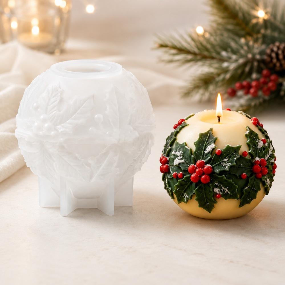 Christmas Holly Embossed Candle Mold for DIY Christmas Tree Candle Making, Silicone Resin Mold, Holiday Home Decor Craft Supplies