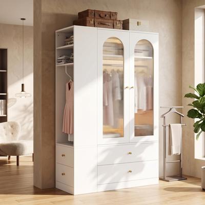 Wardrobe White, 120 X 50 X 200 Cm, 4 Drawers, 2 Glass Doors and 2 Clothes Rails, Modern Bedroom Cabinet, for Bedroom, Children's Room, Office