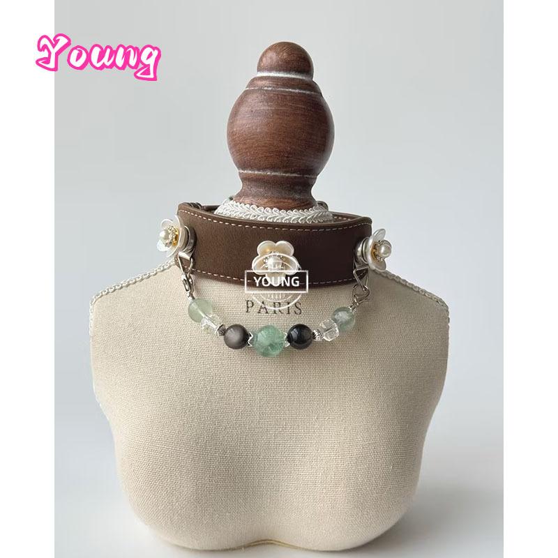 Luxury Leather Natural Crystal Charm Dog Collar Green Fluorite Double Cat's Eye Silver Obsidian Clear Quartz Beaded Pet Necklace