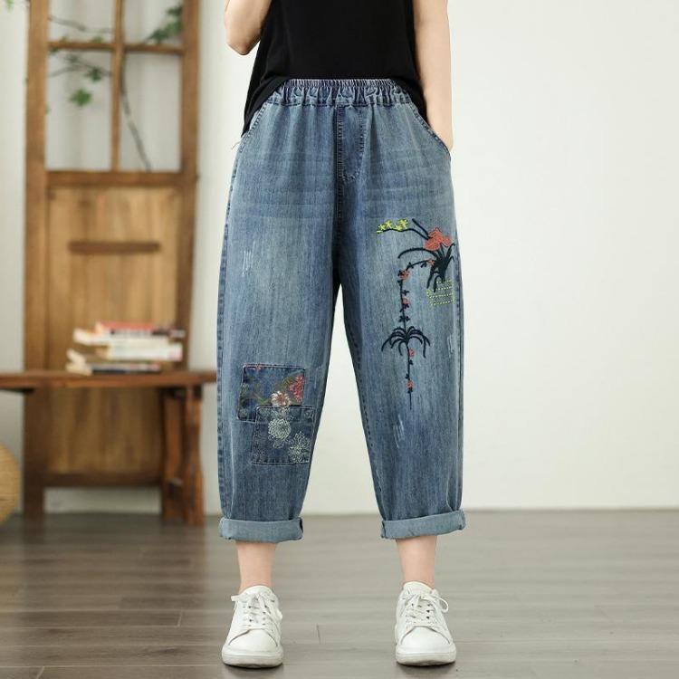 Summer Women Plus Size High Waist Loose Jeans Vintage Harem Pants Elastic Waist Patchwork