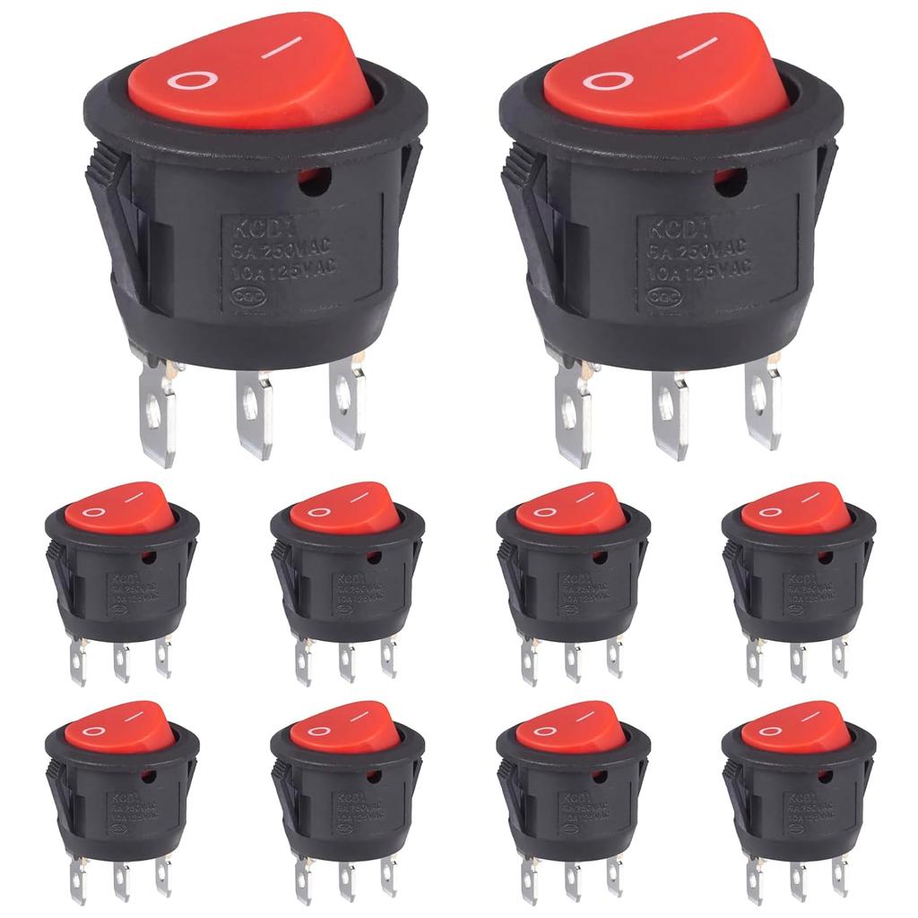 VEXUNGA Round Rocker Switch Red Light Illuminated On Off 3 Pin 2 Position Mini Rocker Switch 125V 10A 250V 6A KCD1 Small Circle Toggle Switches for