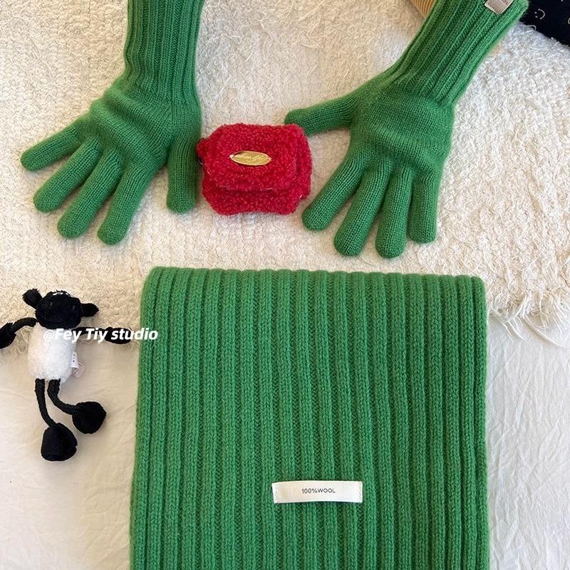 Wool 100ool pure wool scarf gloves two-piece set knitted autumn and winter warm solid color scarf couple