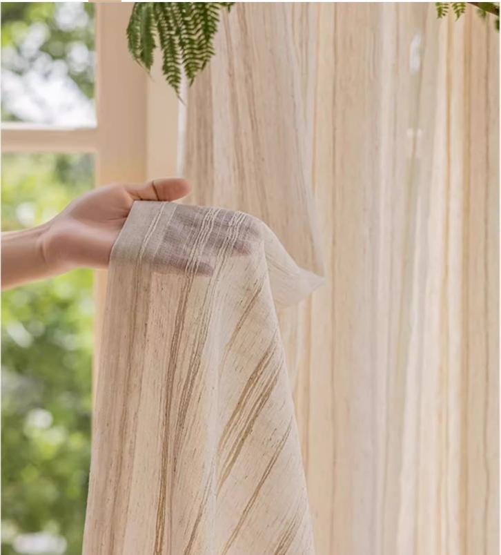 Op Maat Japanse Vlas Wolk Tule Linnen Dikke Verticale Strepen Raam Vitrage Gordijnen voor Woonkamer Slaapkamer Eetkamer Decoratie 1 PC W100cmxH130cm&Rod pocket