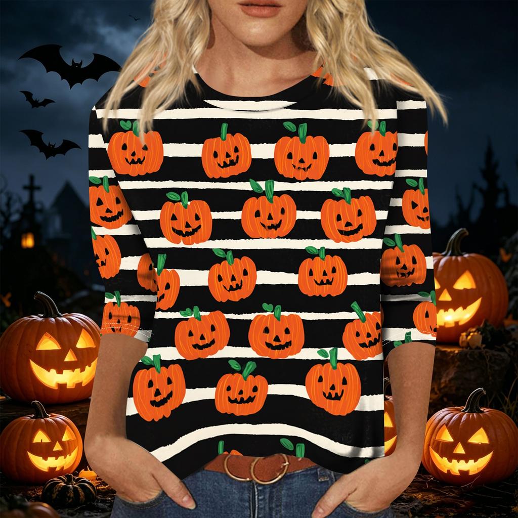 Women's Halloween Print 3/4 Sleeve Shirt Round Neck Loose Casual Top T-Shirt Suitable for Everyday Wear and Seasonal Events