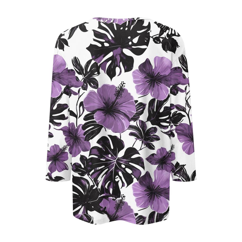 Women's Fashion Casual Round Neck 3/4 Sleeve Printed T-Shirt Ladies Top