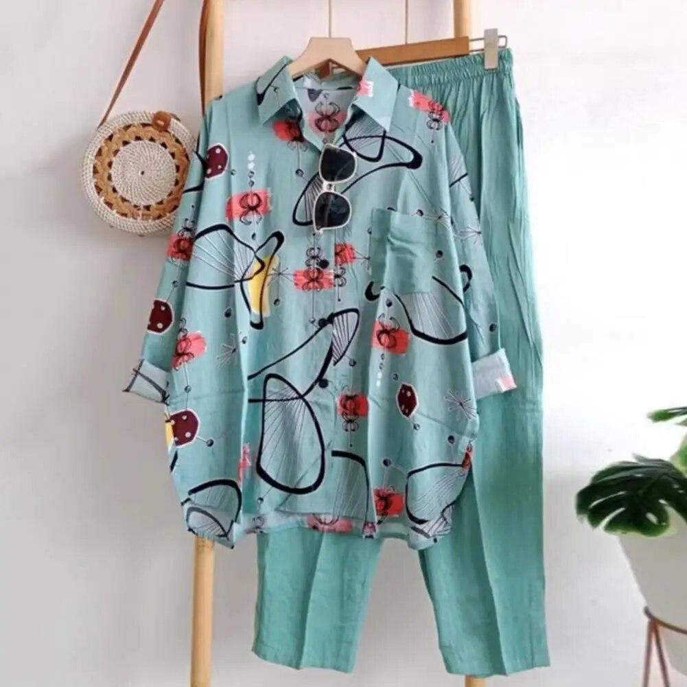 

Комплект из 2 шт./компл., рубашка и брюки, комплект с цветными блоками и лацканами, с длинным рукавом, свободная эластичная талия, широкие брюки, мягкая повседневная женская блузка, комплект брюк One Size светло-синий