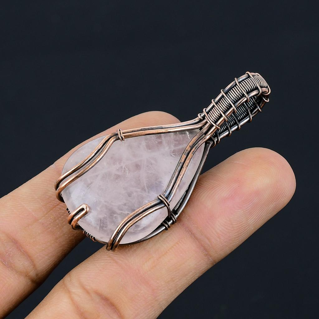 Natural Rose Quartz Gemstone Handmade Copper Wire Wrap Gift Pendant 2.2" C4s15