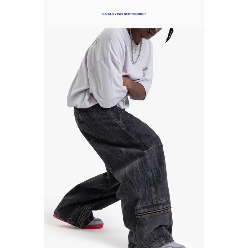 JYL Men s Cargo Pants American Trendy Zipper Multi-Pocket Heavy Straight Denim S античный рубиновый