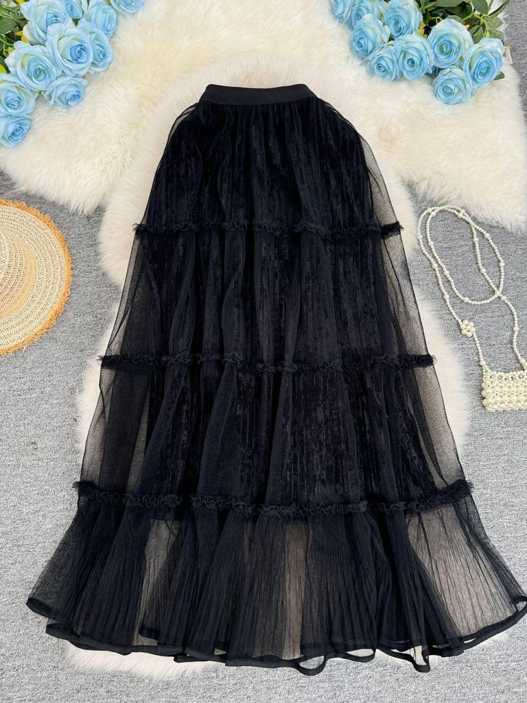 Women's Thick Velvet Mesh Patchwork A-Line Midi Skirt for Autumn/Winter