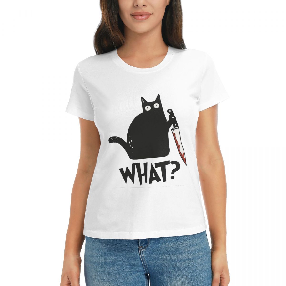 Women TShirt Cat What Murderous Black Cat With Knife Summer Short Sleeve Tees ONeck Cotton T Shirts Clothes Tops Streetwear S