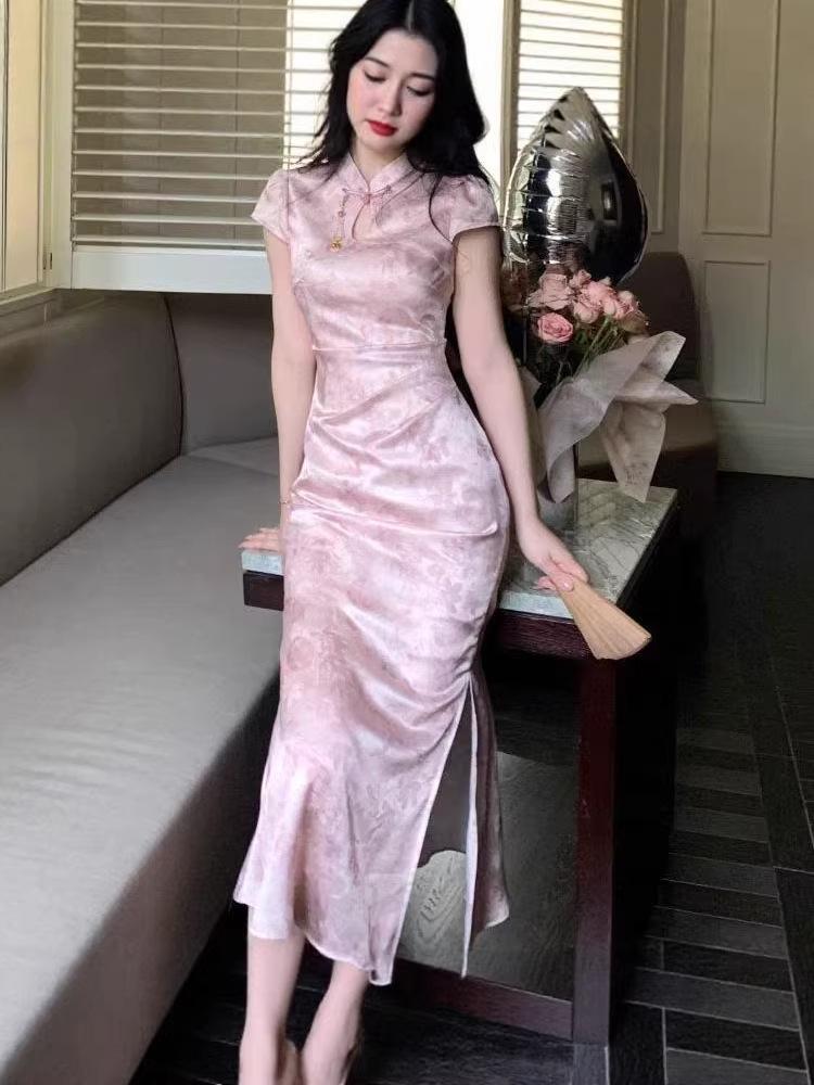 Women's Summer Waist-Cinched Satin Jacquard Qipao Dress with Stand Collar