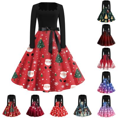 Robe Évasée à Imprimé Noël Pour Femmes Robe à Manches Longues Creuse Fête Décontractée Robes à Col Carré