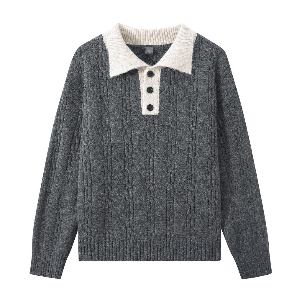 Autumn Winter Korean Style Men's Knitted Sweater Fashion Patchwork Turn Down Collar Casual Knit Pullovers Warm Couple Sweaters