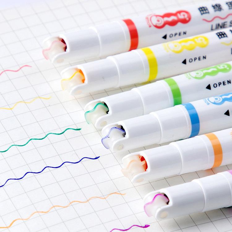 6pcs Line Shaped Highlighter Pen Multi Color Roller Tip Curve Liner Marker Highlighter Novelty Stationery School
