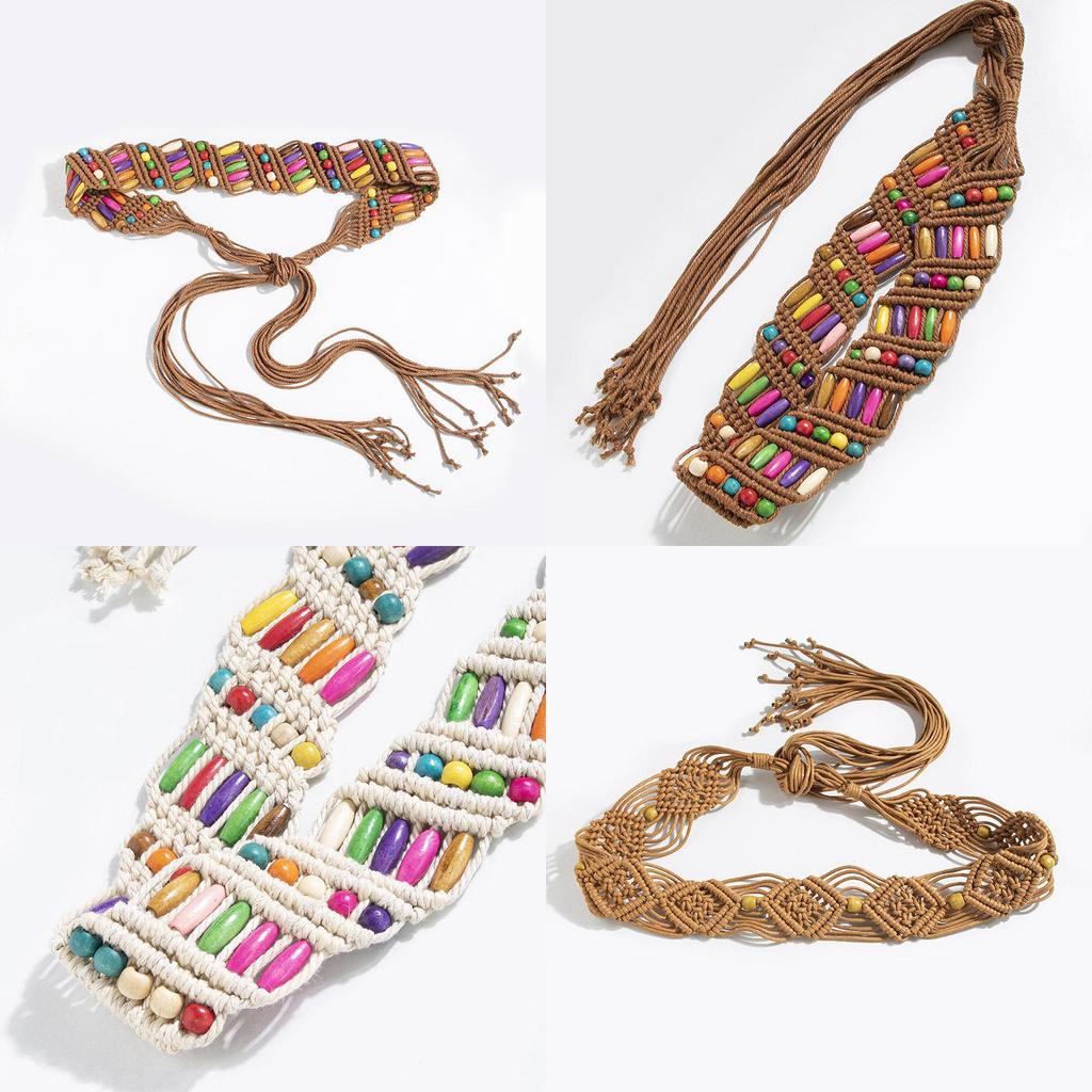 Bohemian Style Fabric Waist Belt With Handwoven Beads For Summer Vacation Wear Women