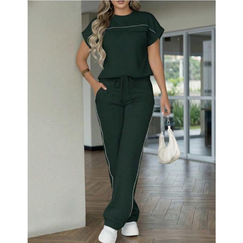 Women's Fashionable Casual Suit - Solid Color, Simple Design, Short-sleeved Straight-leg Pants Set of Two Pieces
