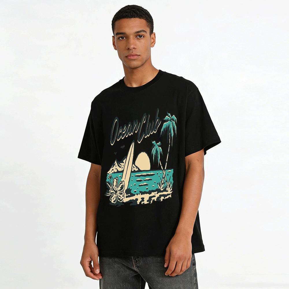 Vintage Ocean Club Coconut Island Surf Print Casual Short Sleeve T-Shirt Pure Cotton T-shirt