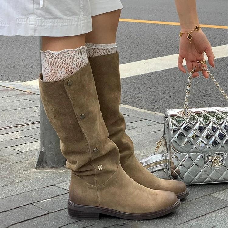 

Cowhide version thin pleated piled boots women s boots thick heel retro two wear western boots suede versatile knight boots 35
